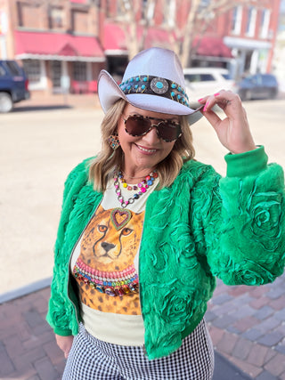 green floral fur jacket