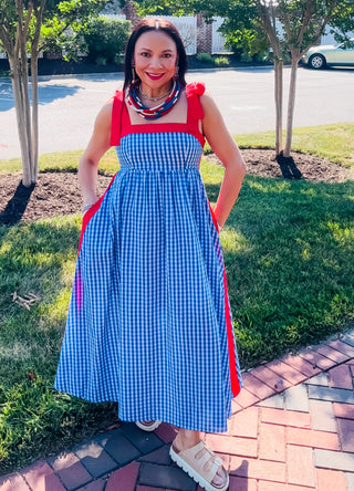 blue and red gingham dress