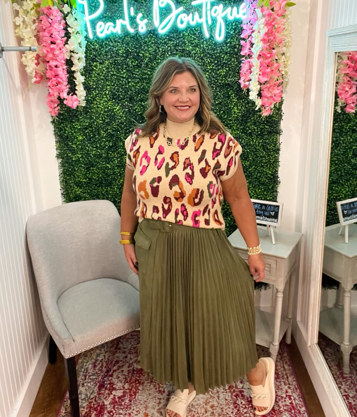 Pleated Perfection Suede Olive Skirt