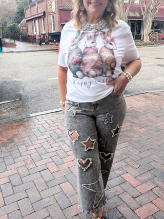 gray rhinestone cut-out jeans
