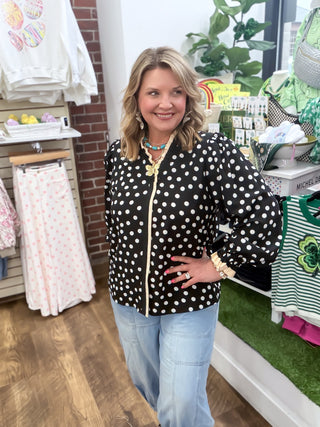 Midnight Charm Polka Dot Ruffle Blouse