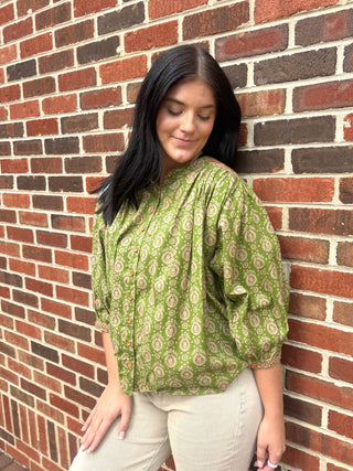 sage green blouse with embroidery.  100% cotton