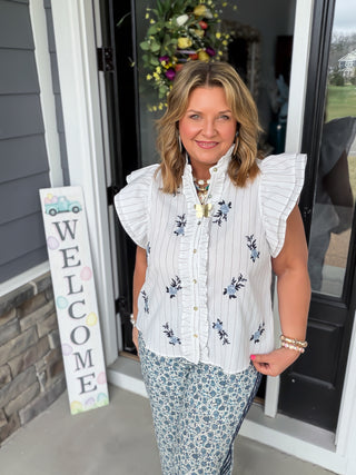 blue floral embroidered ruffle sleeve blouse