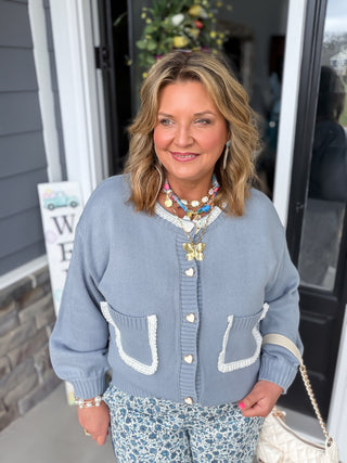 blue heart button cardigan with lace trim