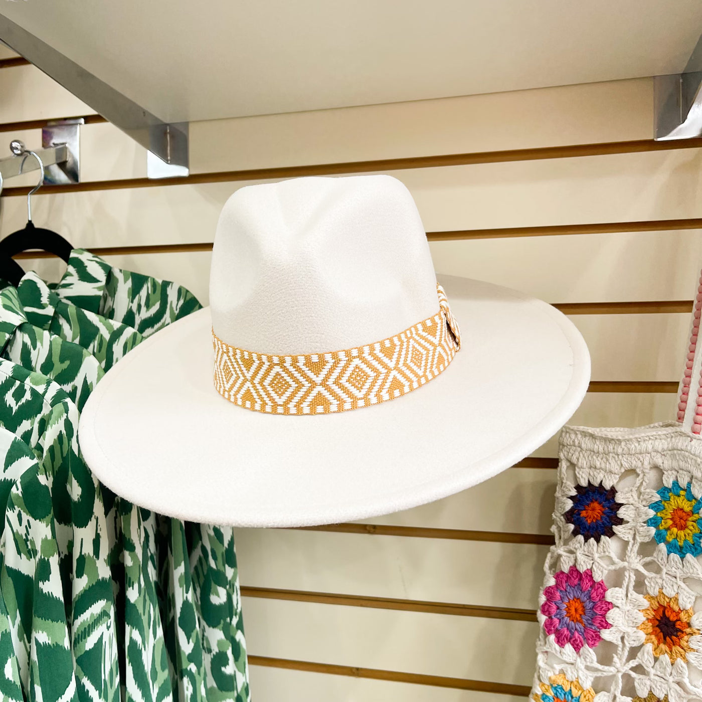 Cream Rhombus Pattern Band Fedora Hat