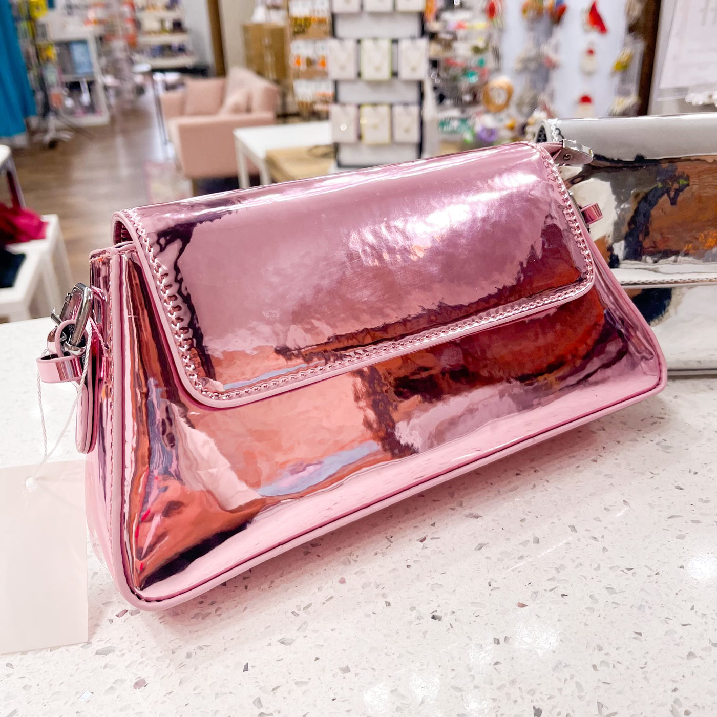 Pink Reflective Faux Leather Hand Bag