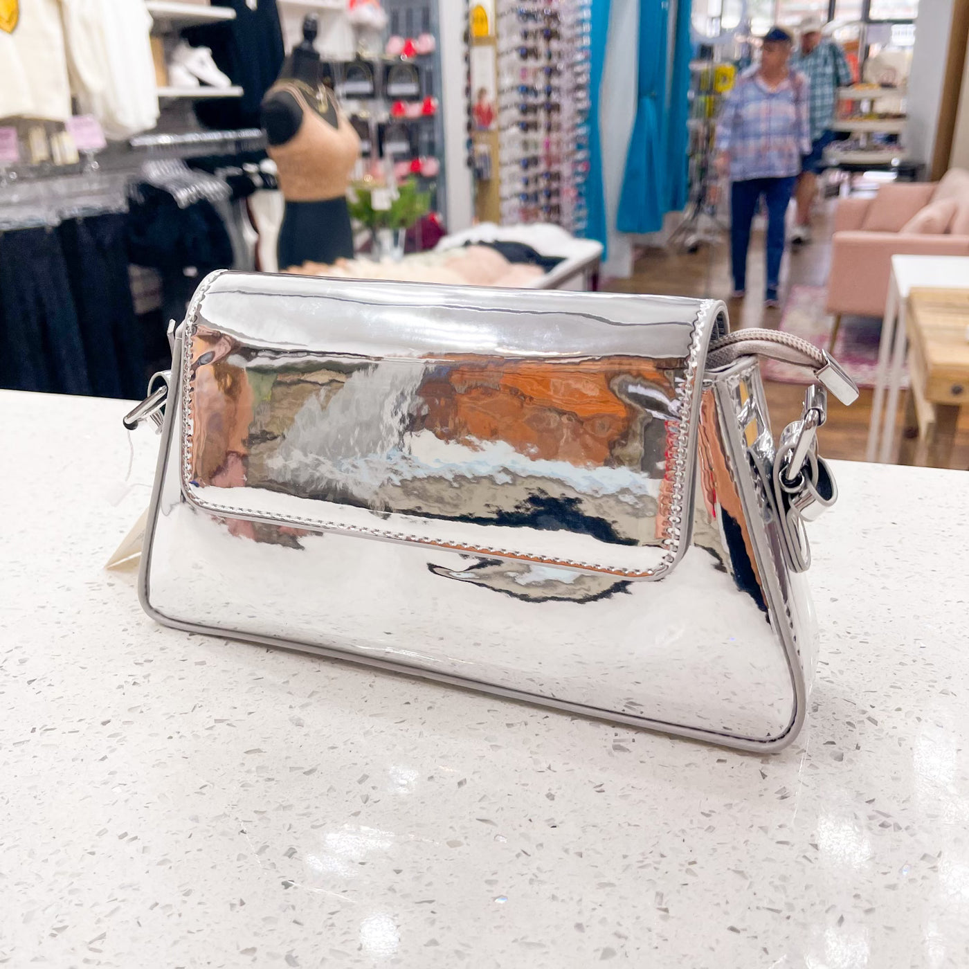 Silver Reflective Faux Leather Hand Bag