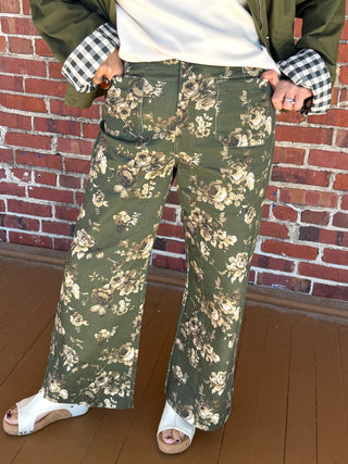 olive denim pants with ivory flowers