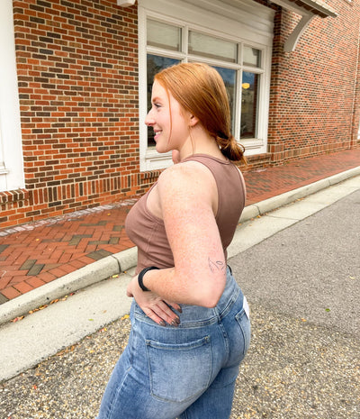 Mocha Ribbed Cropped Tank W/ Bra