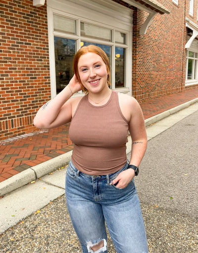 Mocha Ribbed Cropped Tank W/ Bra