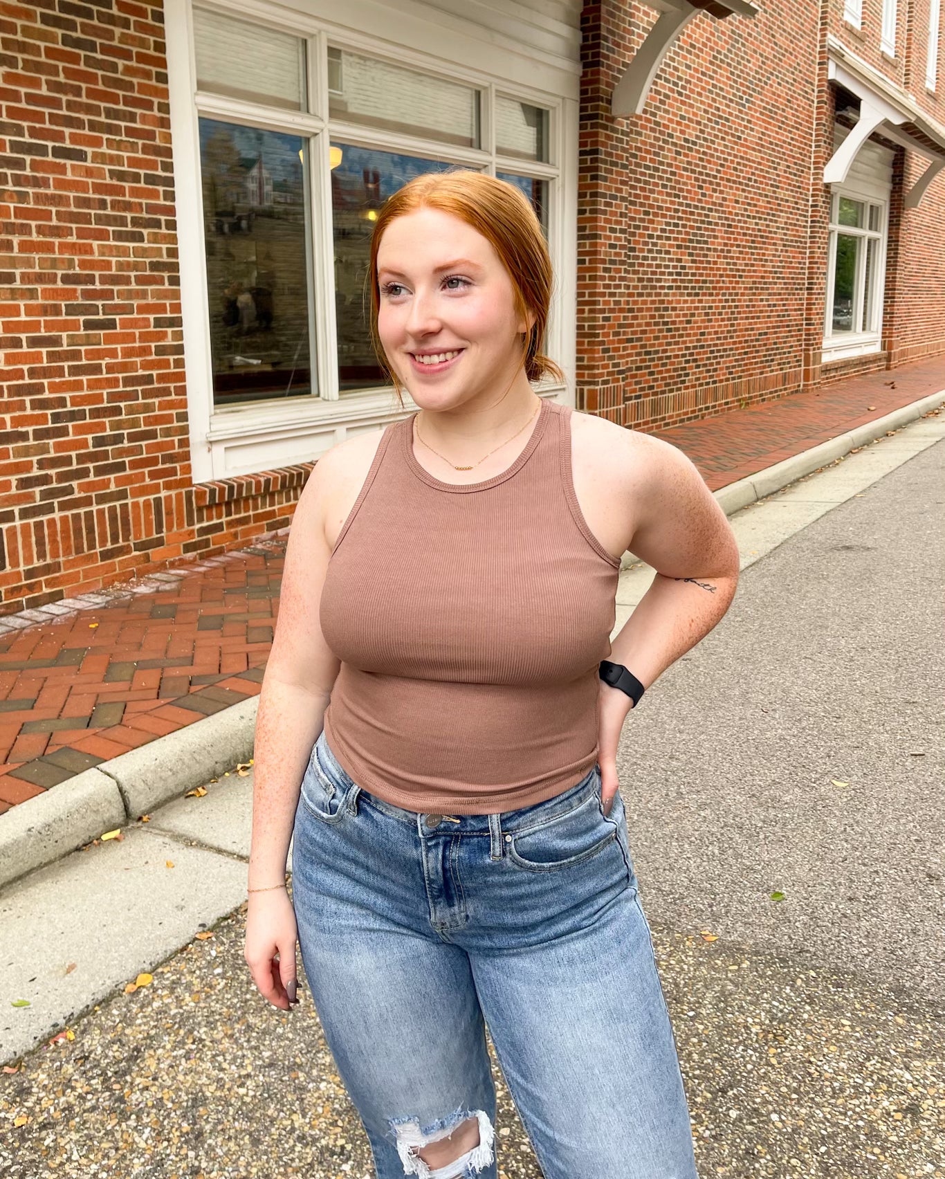 Mocha Ribbed Cropped Tank W/ Bra