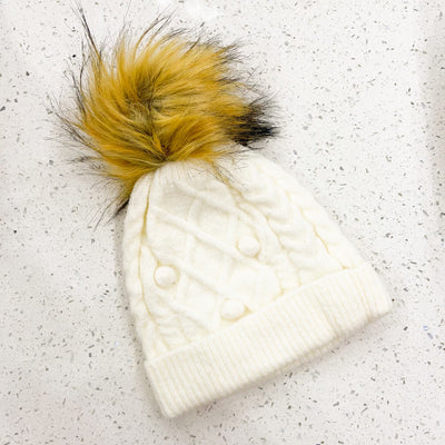 Ivory Knit Fuzzy Pompom Beanie