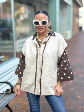 Cream &amp; Cocoa Knit Sweater is a button-down cardigan in a warm cream and cocoa palette with contrast stitch detail, front pockets, and a soft knit blend that includes a touch of wool for added warmth and texture