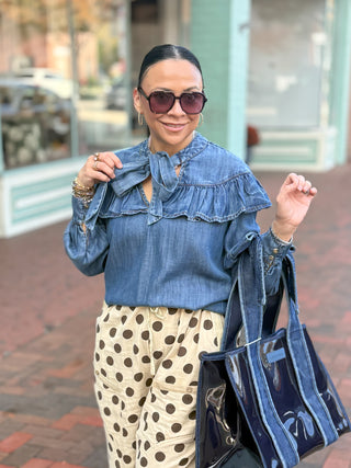 Ivy Jane Denim Bow Blouse, combining western-inspired style with playful bow detailing