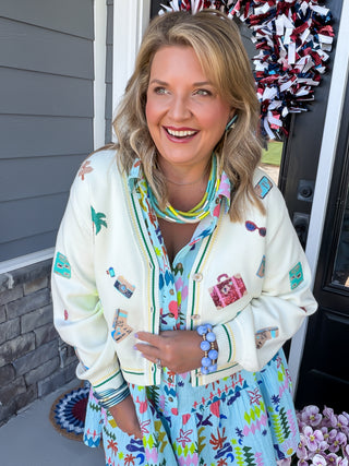 Queen Of Sparkles | Sequin "Travel Icon" Ivory Button Up Cardigan