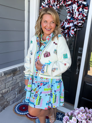 Queen Of Sparkles | Sequin "Travel Icon" Ivory Button Up Cardigan