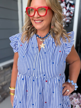 Star Embroidered Striped Mini Dress