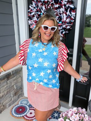 Patriotic Stars & Stripes Ruffle Sleeve Top