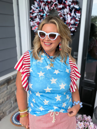 Patriotic Stars & Stripes Ruffle Sleeve Top