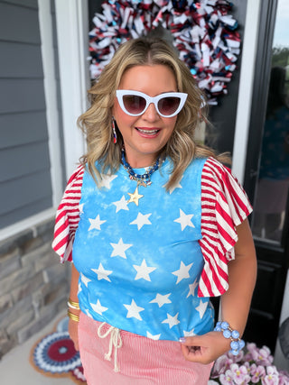 Patriotic Stars & Stripes Ruffle Sleeve Top