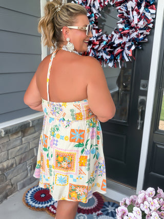 Sun-Drenched Resort Print V Halter Mini Dress