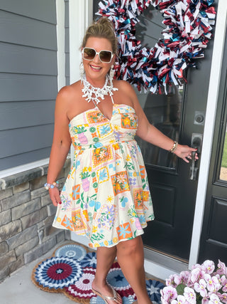 Sun-Drenched Resort Print V Halter Mini Dress