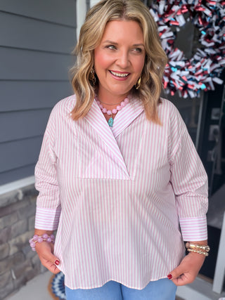 pink or blue striped blouse