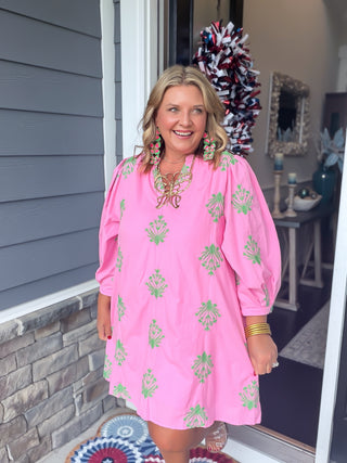 pink floral embroidered dress