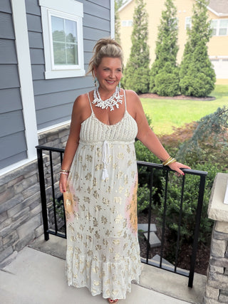 pol maxi dress with crochet bust gold foil print