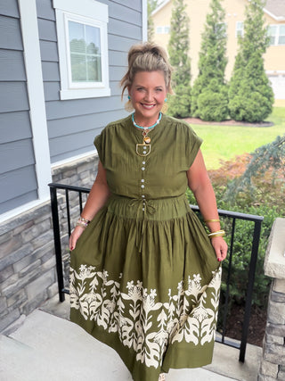 ivy jane olive floral print midi dress