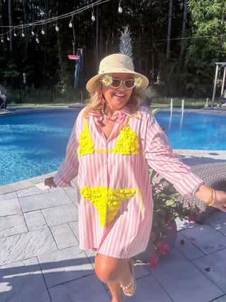 Queen Of Sparkles | Pink Striped Yellow Paillette Bikini Tunic