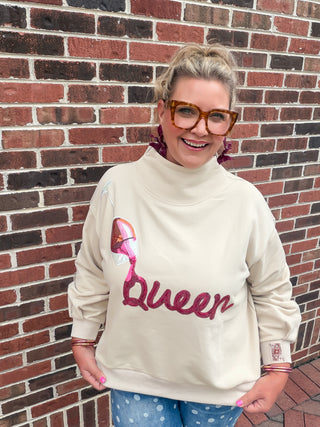 Queen Of Sparkles Wine Queen  cream-colored mock neck sweatshirt.