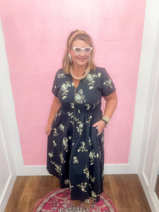 pressed in paisley dress, navy blue, floral, fall dress, church, winery fall pictures