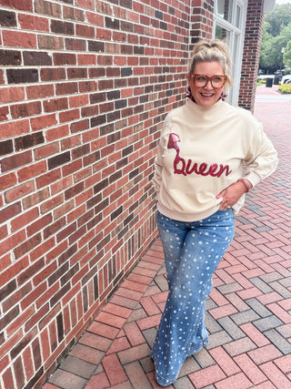 High Rise wide leg polka-dot jeans.