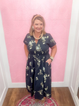 pressed in paisley dress, navy blue, floral, fall dress, church, winery fall pictures