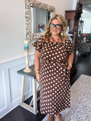 Ivy Jane brown midi dress with beige polka dots with short sleeves and tie around the waist.