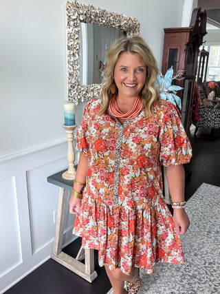 Ivy Jane short-sleeve floral dress with puff sleeves, leopard detailing and a tiered ruffle hem.
