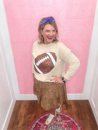 Kickoff & Cuffs Knit Top, large sequin football, brown football on front, sweatshirt, crewneck, soft, fall, football, queen of sparkles