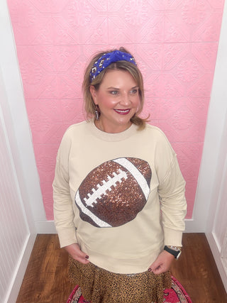 Kickoff & Cuffs Knit Top, large sequin football, brown football on front, sweatshirt, crewneck, soft, fall, football, queen of sparkles