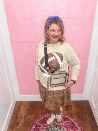 Kickoff & Cuffs Knit Top, large sequin football, brown football on front, sweatshirt, crewneck, soft, fall, football, queen of sparkles