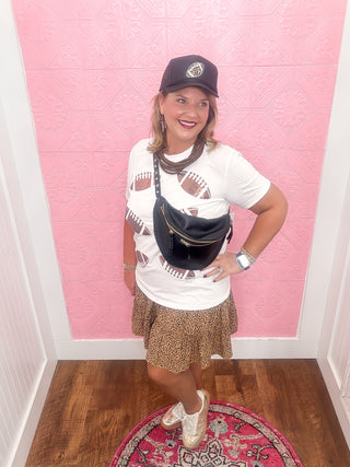 End Zone Sparkle Tee, white tee, stretch, sequin footballs, crewneck, football, fall, queen of sparkles