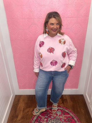 pumpkin bow sweatshirt, sequin pumpkins with bows, pink, fall, thanksgiving, soft, crew neck