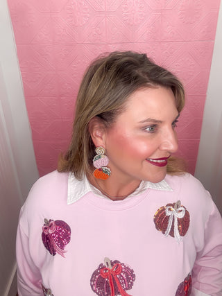 pumpkin bow sweatshirt, sequin pumpkins with bows, pink, fall, thanksgiving, soft, crew neck