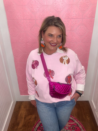 pumpkin bow sweatshirt, sequin pumpkins with bows, pink, fall, thanksgiving, soft, crew neck