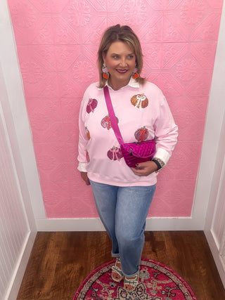pumpkin bow sweatshirt, sequin pumpkins with bows, pink, fall, thanksgiving, soft, crew neck