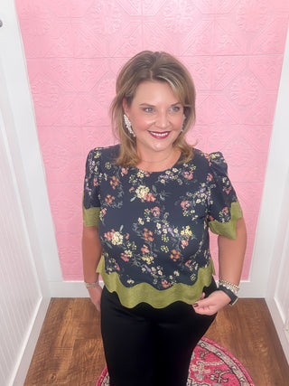 floral blouse, navy with green trim, fall blouse, scalloped trim