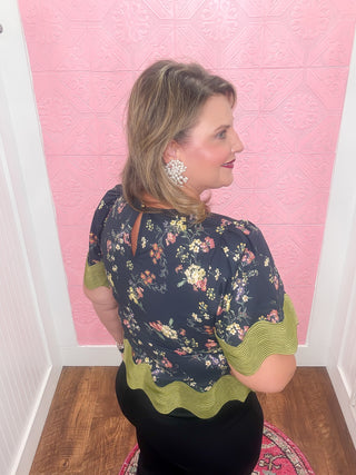 floral blouse, navy with green trim, fall blouse, scalloped trim