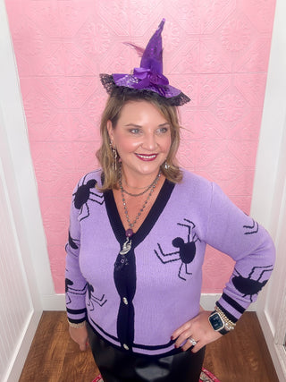 spider knit cardigan, purple and black, black spiders, button down cardigan, soft, halloween