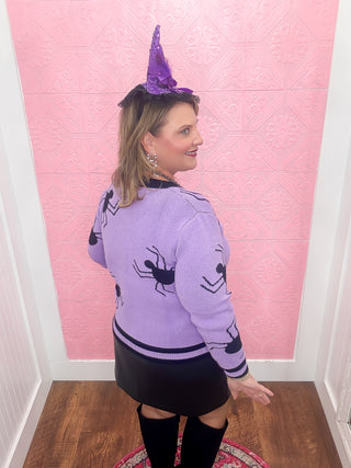 spider knit cardigan, purple and black, black spiders, button down cardigan, soft, halloween
