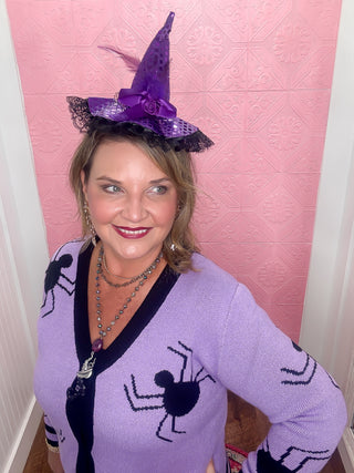 spider knit cardigan, purple and black, black spiders, button down cardigan, soft, halloween